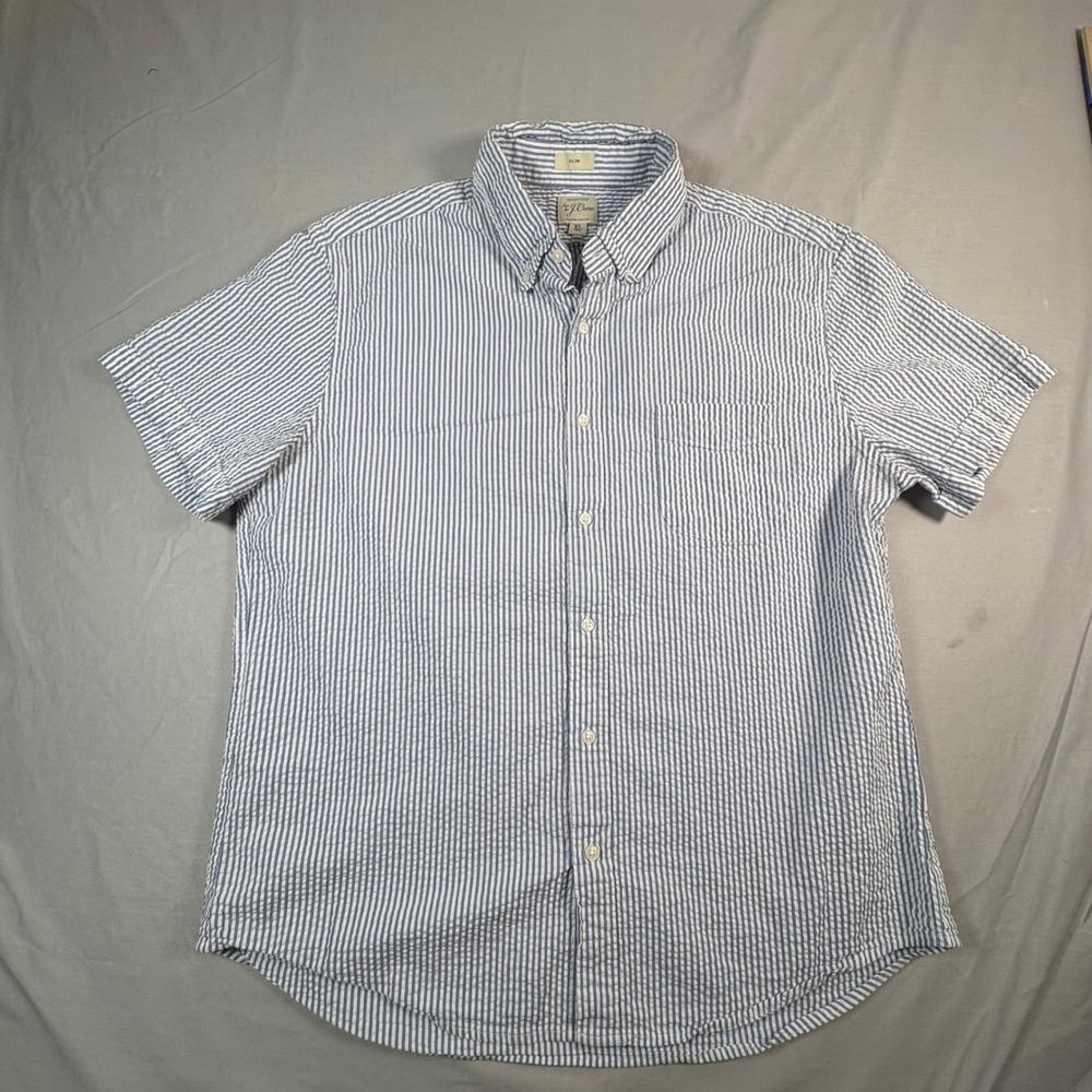 J. Crew Slim Seersucker Shirt Mens XL Blue White Stripe Organic Cotton SS Button